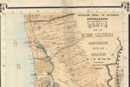 Carta de la rejión salitrera comprendida entre los paralelos 19° y 27° 30' Lat Sur  [material cartográfico] Delagación Fiscal de Salitreras Antofagasta ; dib. M. A. Rojas Rivera.