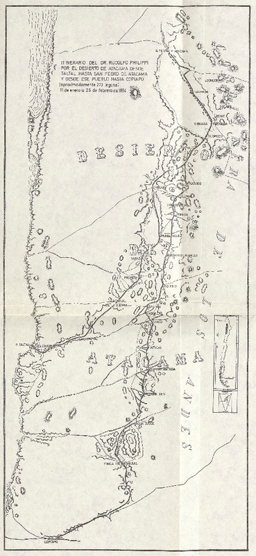 Itinerario del Dr. Rudolfo Philippi por el desierto de Atacama desde Taltal hasta San Pedro de Atacama y desde ese pueblo hasta Copiapó (aproximadamente 273 leguas) 11 de enero a 25 de febrero de 1854. [material cartográfico] :