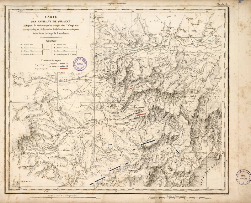 Carte Des Environs De Gironne Indiquant la position que les troupes du 7.ème Corps ont occupée, du 9 au 13 décembre 1808, dans leur marche pour faire lever le siége de Barcelonne [material cartográfico] : Miche Sc.t.