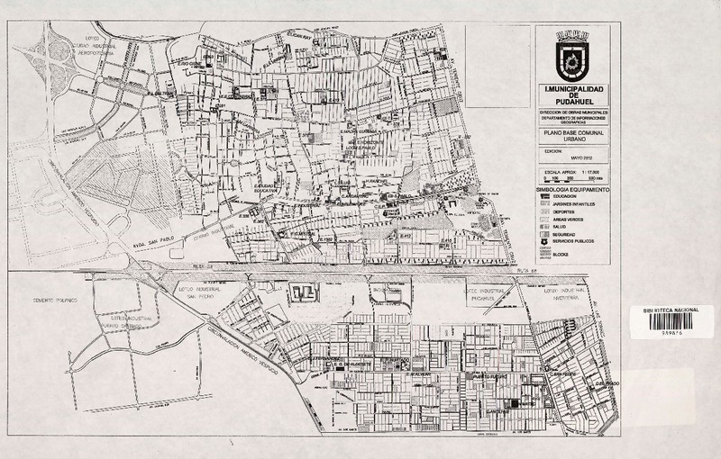 Plano base comunal Urbano  [material cartográfico] I. Municipalidad de Pudahuel Dirección de Obras Municipales Departamento de Informaciones Geográficas.