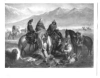 [Huasos descansando, hombres en sus caballos y otros sentados en el suelo, pintura titulada "Rodeo de huasos del Maule"]