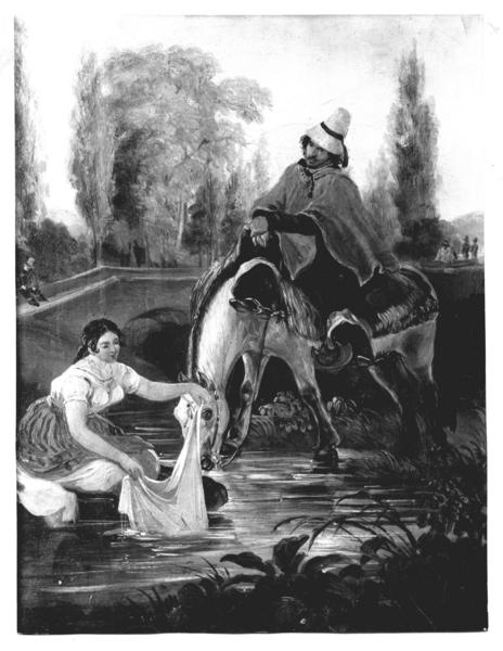 [Huaso a caballo y la lavandera junto al río, pintura titulada "El huaso y la lavandera"]