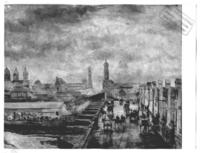 [Puente de Cal y Canto, pintura de la vista panorámica del puente, con carruajes y caballos, del siglo 19]