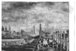 [Puente de Cal y Canto, pintura de la vista panorámica del puente, con carruajes y caballos, del siglo 19]