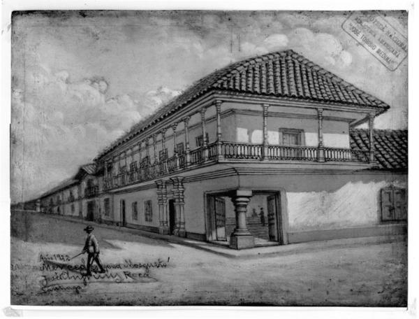 [Casa esquina de las calles Merced con Mosqueto, con un hombre en la calle, Santiago 1922]