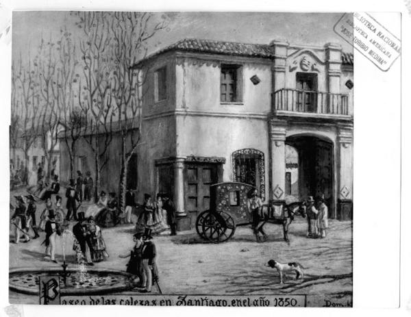 [Plaza y construcciones de la colonia, con personas de vestimentas elegantes, junto a una fuente, y a un carruaje; pintura titulada "Paseo de las Calezas en Santiago en el año 1850"]