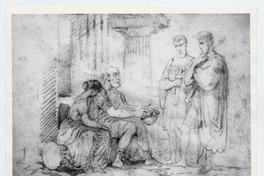 [Dibujo de dos hombres parados y otro sentado junto a una mujer, con vestimentas como romanos, de fondo unas columnas griegas]