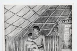 [Mujer indígena con niño en sus brazos, dentro de una choza]