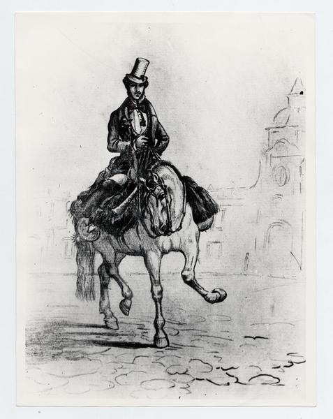[Dibujo de un hombre con vestimenta elegante montado a caballo]