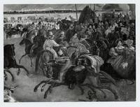[Celebración de fiestas patrias, detalle de la imagen hombres a caballo; titulada "Llegada del Presidente Prieto a la Pampilla"]