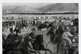 [Celebración de fiestas patrias, detalle de la imagen, hombres a caballo y unos carruajes; titulada "Llegada del Presidente Prieto a la Pampilla"]