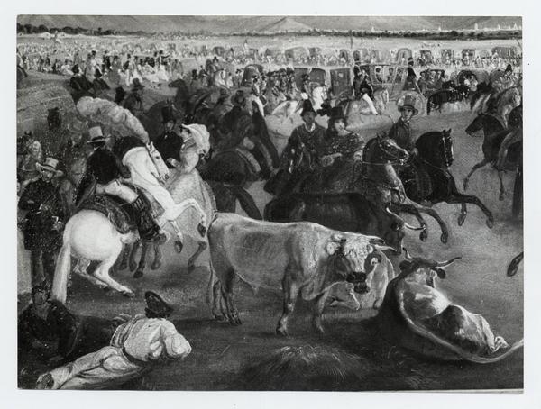 [Celebración de fiestas patrias, detalle de la imagen, hombres a caballo y unos toros; titulada "Llegada del Presidente Prieto a la Pampilla"]