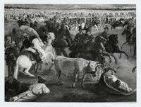 [Celebración de fiestas patrias, detalle de la imagen, hombres a caballo y unos toros; titulada "Llegada del Presidente Prieto a la Pampilla"]
