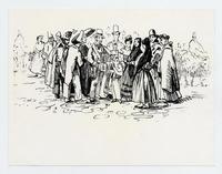 [Grupo de mujeres y hombres alrededor de un vendedor de santos, titulado "El vendedor de estampas" 1838].