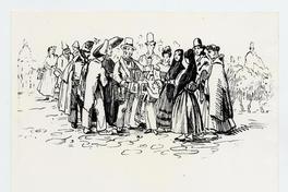 [Grupo de mujeres y hombres alrededor de un vendedor de santos, titulado "El vendedor de estampas" 1838].