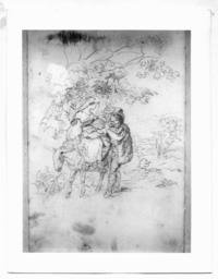 [Dibujo de un retrato de una pareja, la mujer sobre una mula y el hombre junto a ella, en un bosque]