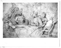 [Dibujo de militares rodeados de hombres y mujeres sentados alrededor de una mesa]