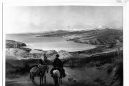 [Vista de la bahía de Valparaíso, desde un camino de tierra hacia la costa, con hombre a caballo, en el siglo 19]