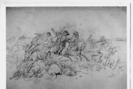 [Dibujo de una batalla del pueblo araucano, "El ataque de los indios a un puesto chileno"