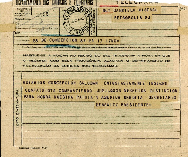 [Telegrama] 1945 nov. 18, Concepción [a] Gabriela Mistral, Petrópolis