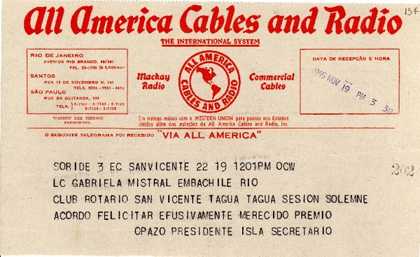 [Telegrama] 1945 nov. 19, San Vicente de Tagua-Tagua, [Chile] [a] Gabriela Mistral, Petrópolis, [Brasil]
