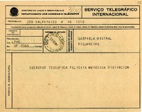 [Telegrama] 1945 nov. 17, Valparaíso, [Chile] [a] Gabriela Mistral, Río de Janeiro, [Brasil]