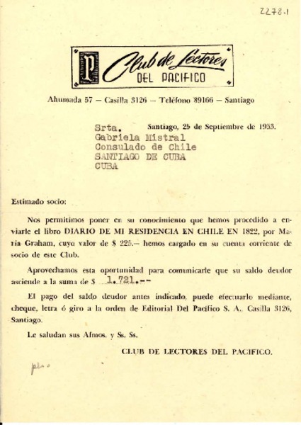 [Facturas] 1953 sept. 25, Santiago, [Chile] [a] Gabriela Mistral, Consulado de Chile, Santiago de Cuba, Cuba