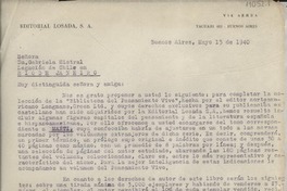 [Carta] 1940 mayo 13, Buenos Aires, [Argentina] [a] Gabriela Mistral, Legación de Chile, Rio de Janeiro, [Brasil]