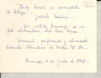 [Tarjeta] 1961 jul. 4, Temuco, [Chile] [a la] Srta. Doris Dana