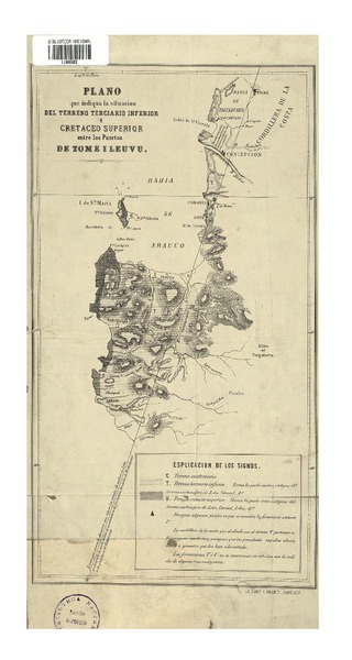Plano que indiqua la situación del terreno terciario inferior i cretáceo superior entre los puertos de Tomé i Leuvu  [material cartográfico]