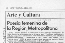 Poesía femenina de la Región Metropolitana  [artículo] Pedro Mardones Barrientos.