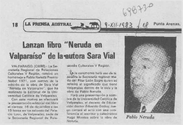 Lanzan libro "Neruda en Valparaíso" de la autora Sara Vial.