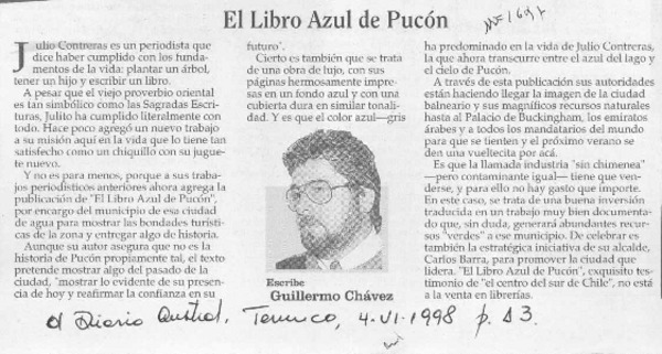 El libro azul de Pucón  [artículo] Guillermo Chávez.