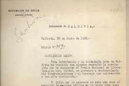 [Oficio N°259] 1952 junio 26, Valdivia, Chile [a] Fernando Santiván