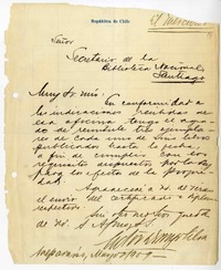 [Carta] 1909 marzo 21, Valparaíso, Chile [a] Biblioteca Nacional de Chile  [manuscrito] Víctor Domingo Silva.