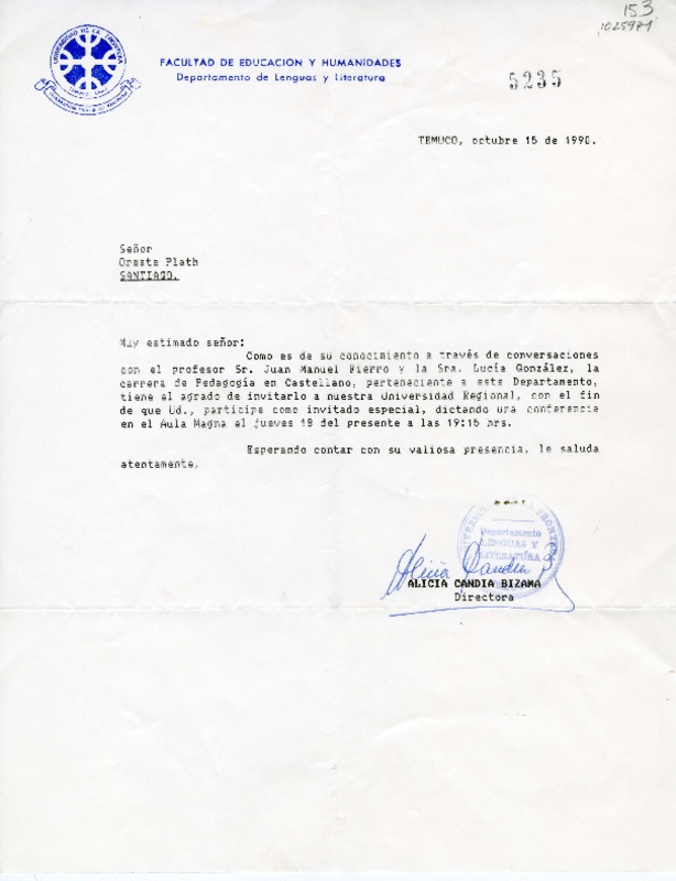 [Carta] 1990 octubre 15, Temuco, Chile [a] Oreste Plath  [manuscrito] Alicia Candia B.