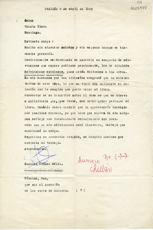 [Carta] 1982 abril 8, Chillán, Chile [a] Oreste Plath  [manuscrito] Edmundo Guiñez Celis.