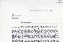 [Carta] 1983 julio 5, Punta Arenas, Chile [a] Oreste Plath  [manuscrito] Eugenio Mimica Barassi.