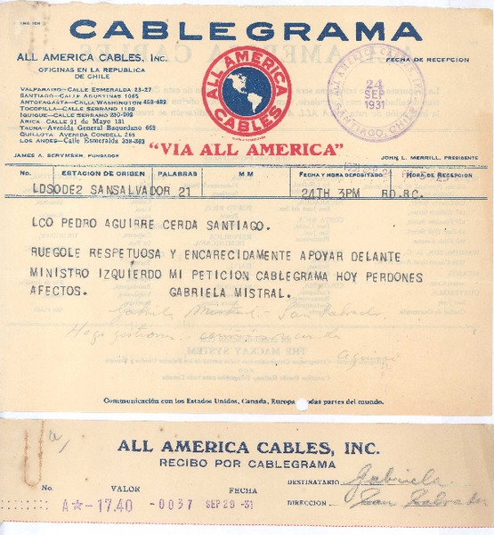 [Telegrama], 1931 sept. 24 San Salvador, El Salvador <a> Pedro Aguirre Cerda, Chile