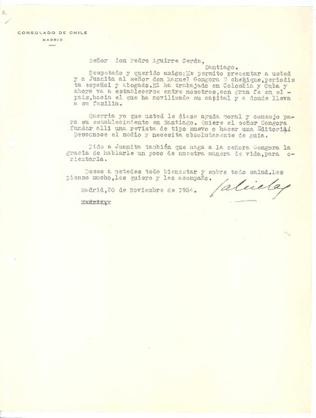 [Carta], 1934 nov. 30 Madrid, España <a> Pedro Aguirre Cerda, Chile