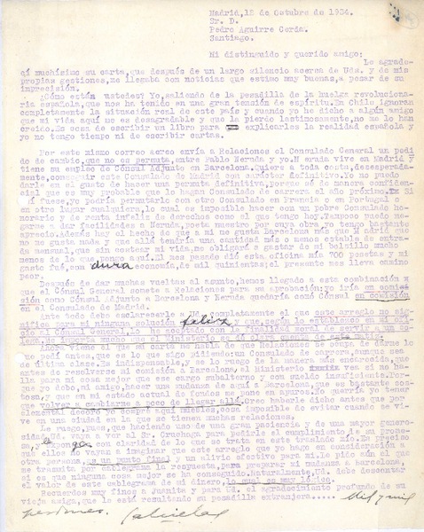 [Carta>, 1934 oct. 12 Madrid, España <a> Pedro Aguirre Cerda, Chile