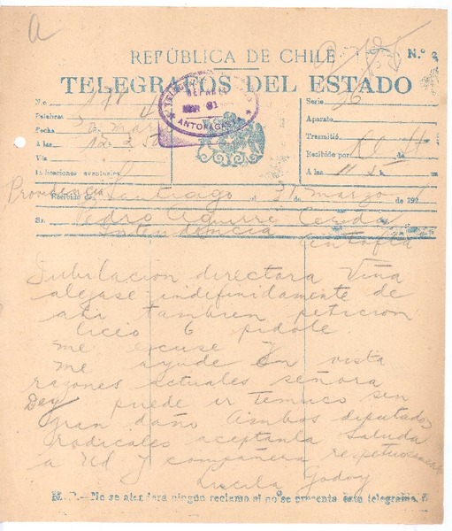 [Telegrama], 1921 mar. 31 Santiago, Chile <a> Pedro Aguirre Cerda, Chile