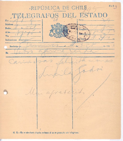 [Telegrama], 1920 oct. 2 Temuco, Chile <a> Pedro Aguirre Cerda, Chile
