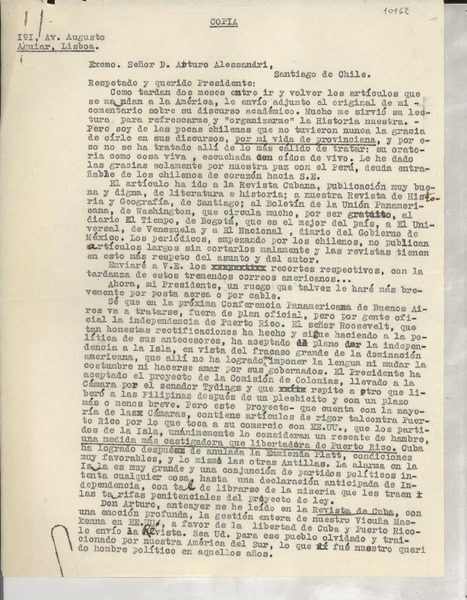 [Carta] 1936 mayo 25, Lisboa, [Portugal] [al] Excmo. Señor D. Arturo Alessandri, Santiago, Chile