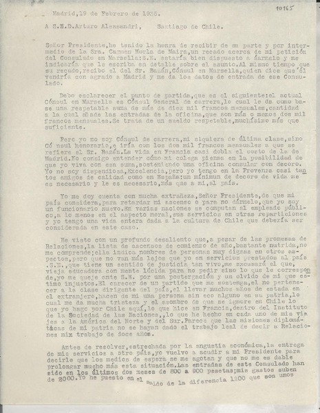 [Carta] 1935 feb. 19, Madrid, [España] [a] Arturo Alessandri, Santiago, Chile