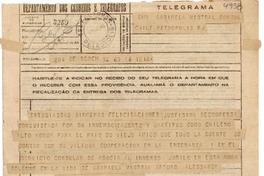 [Telegrama] 1945 nov. 16, Santiago, Chile [a] Gabriela Mistral, Consul Chile, Petropolis, RJ, [Brasil]