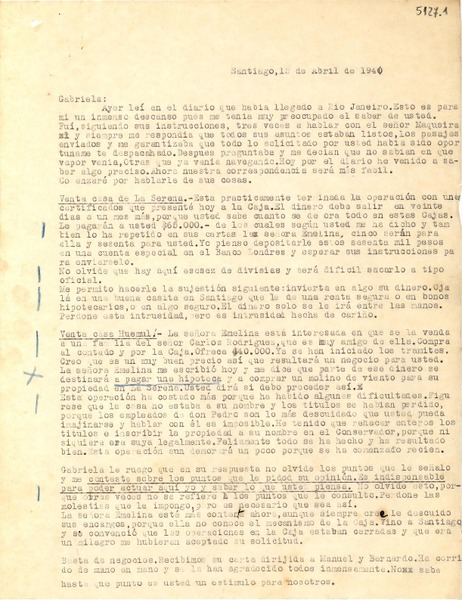 [Carta] 1940 abr. 15, Santiago, [Chile] [a] Gabriela Mistral