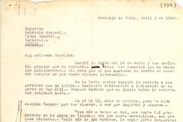 [Carta] 1949 abr. 2, Santiago, Chile [a] Gabriela Mistral, Veracruz, México