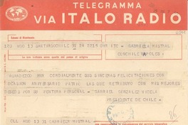 [Telegrama] 1951 sept. 25, Santiago, Chile [a] Gabriela Mistral, Nápoles, [Italia]