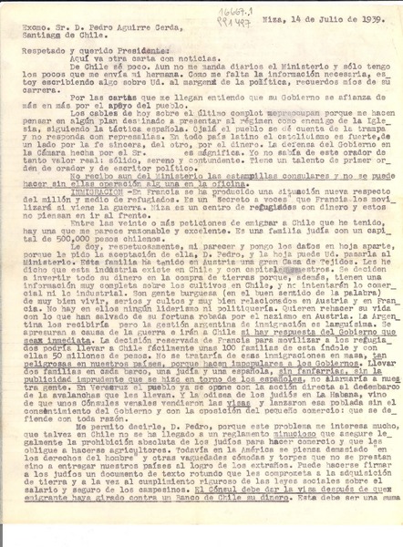 [Carta] 1939 jul. 14, Niza, [Francia] [al] Excmo. Sr. D. Pedro Aguirre Cerda, Santiago de Chile